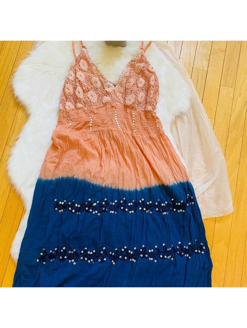 Pagoda Pink and Blue Ruffled Embellished Sundress Medium